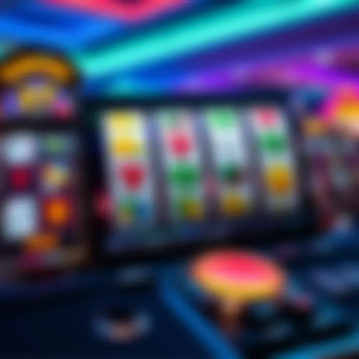 Colorful online pokies interface with reels showing various symbols and a glowing spin button