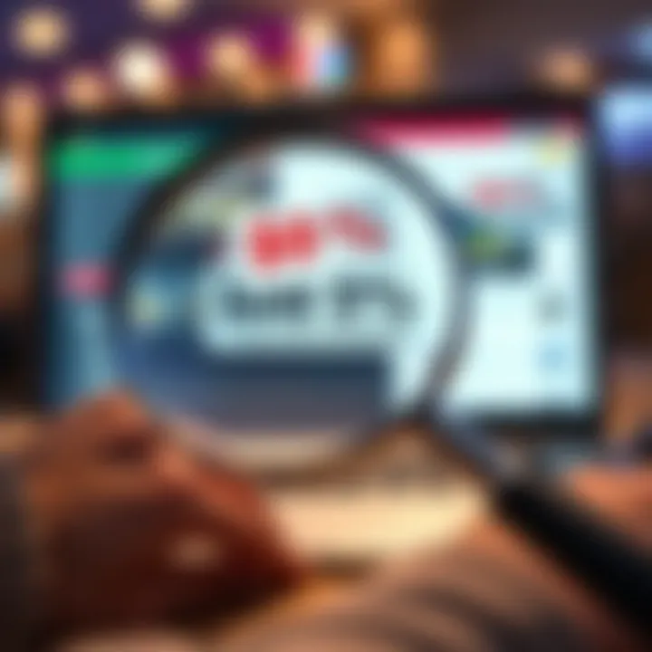 Graphic showing a magnifying glass highlighting online deals and discount tags on a laptop screen