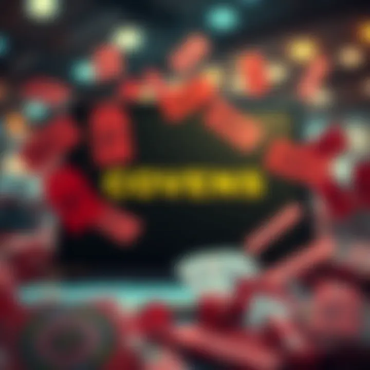 Digital Coupons and Discount Tags Enhancing Savings Illustration of digital coupons and discount tags surrounding a laptop screen