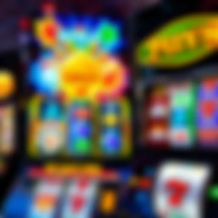 Colorful online pokies interface showing various themed slot games with vibrant symbols and reels spinning