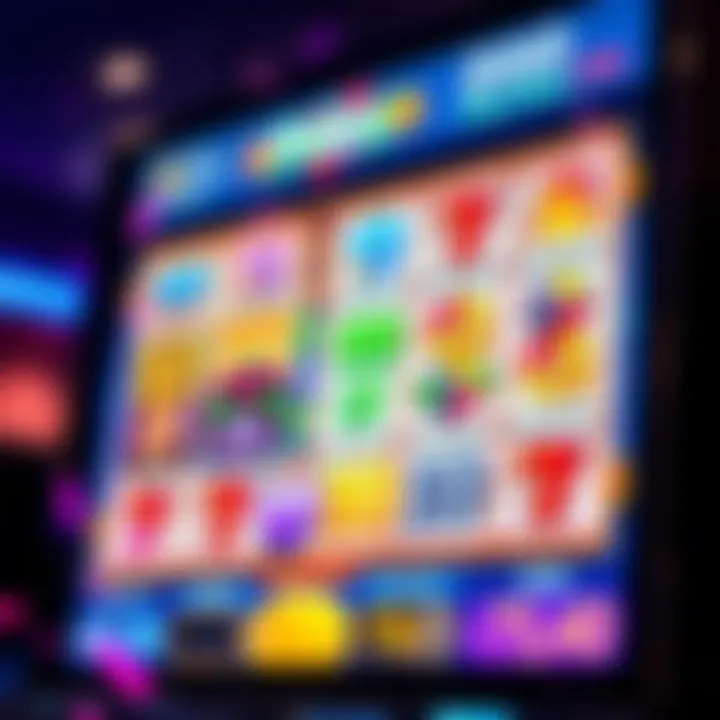 Colorful online pokies interface displaying various game symbols and payout options on a digital screen