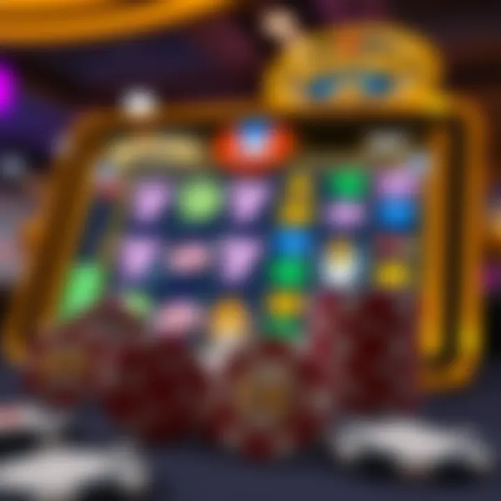 Illustration showing the concept of a no deposit bonus with casino chips and a digital slot machine interface