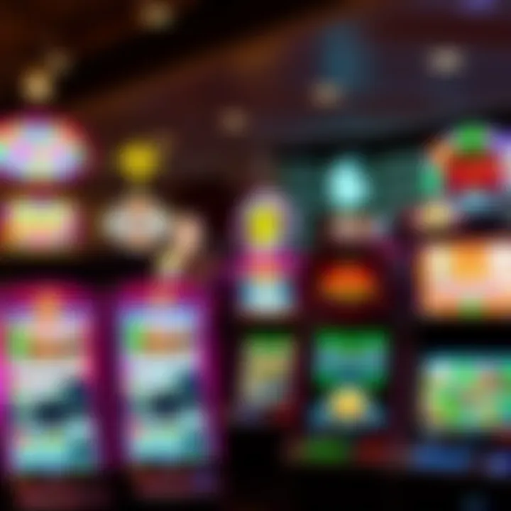 Colorful pokies machines displaying various symbols and lights in a casino setting