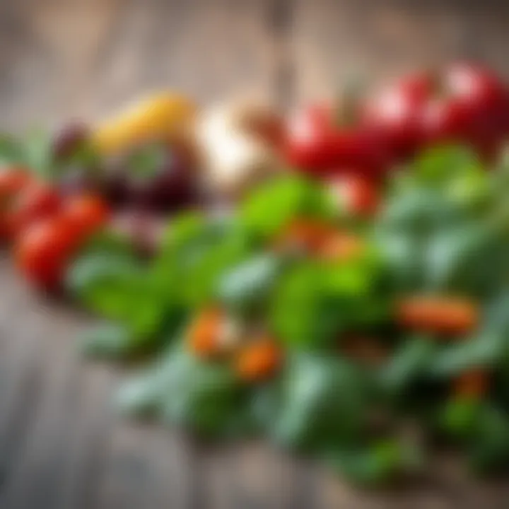 Fresh spinach leaves arranged with a variety of colorful vegetables on a wooden surface