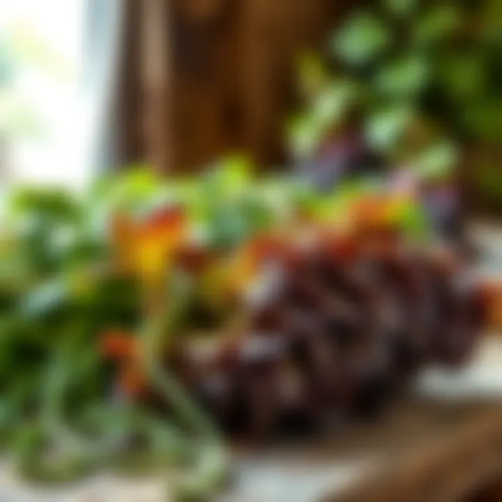 Freshly harvested Spinago leaves arranged on a rustic wooden surface